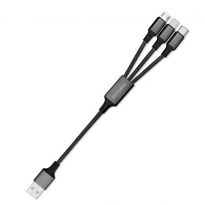 Качествен многофункционален кабел за microUSB, Lightning и USB-C стандарти (20см) - 4smarts 3in1 Cable ForkCord (черен)