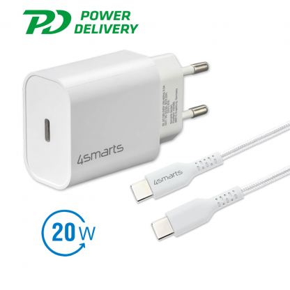 Захранване за ел. мрежа с USB-C изход и USB-C към USB-C кабел - 4smarts Wall Charger VoltPlug PD 20W (бял)