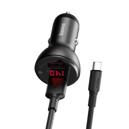Зарядно за кола с 2xUSB-A изхода с технология за бързо зареждане и USB-C кабел - Baseus Digital Display Dual USB Quick Car Charger 45W (TZCCBX-B0G) (черен)