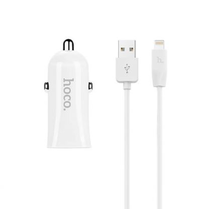 Зарядно за кола с 2xUSB изходa (4.8A) и Lightning кабел за iPhone, iPad и iPod с Lightning порт - Hoco Dual USB Car Charger 4.8A & Lightning Cable Z12 (бял)