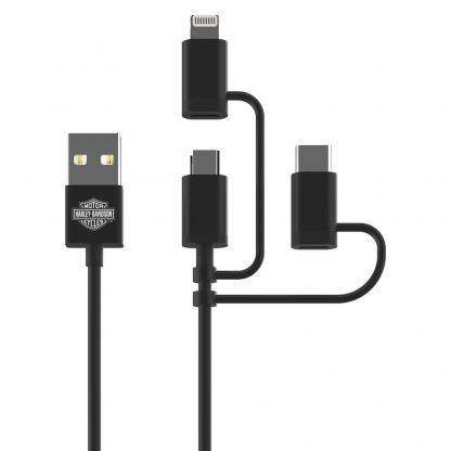 Здрав кабел с въжена оплетка за устройства с Lightning, microUSB и USB-C порт (180 см) - Harley Davidson 3-in-1 USB Universal Cable (черен)