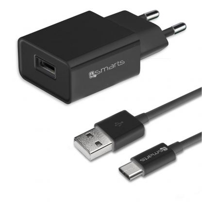 Захранване за ел. мрежа 2.4A с USB изход и USB-C кабел - 4smarts Basic Wall Charger Set 2.4A 12W (черен)