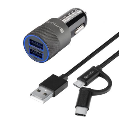 Зарядно за кола и качествен кабел с оплетка от неръждаема стомана за microUSB и USB-C стандарти 150 см. - 4smarts Car-Bundle Hybrid 15.5W with 2in1 ComboCord Cable (черен)