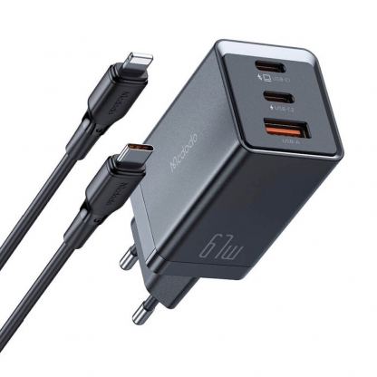 Захранване за ел. мрежа за лаптопи, смартфони и таблети с USB-A и 2xUSB-C изходи с технология за бързо зареждане и USB-C към Lightning кабел - Mcdodo GaN Fast Wall Charger 67W (CH-1544) (черен)