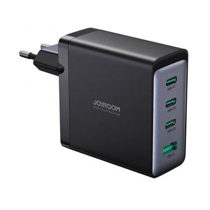 Захранване за ел. мрежа за лаптопи, смартфони и таблети с 1xUSB-A и 3xUSB-C изходи с технология за бързо зареждане и USB-C кабел - Joyroom GaN Fast Wall Charger 100W (черен)