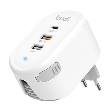 Захранване за ел. мрежа с 2xUSB-A и 1xUSB-C изходи и вграден USB-C кабел с Lightning и microUSB адаптери - Budi Wall Charger 30W (бял)