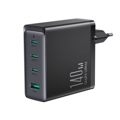 Захранване за ел. мрежа за лаптопи, смартфони и таблети с 1xUSB-A и 3xUSB-C изходи с технология за бързо зареждане и USB-C кабел - Joyroom GaN Fast Wall Charger 140W (черен)