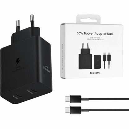Захранване за ел. мрежа с 2xUSB-C изхода с технология за бързо зареждане и USB-C кабел (черен) - Samsung Dual USB-C 50W Travel Wall Charger EP-T5020XBEGEU (ритейл опаковка)
