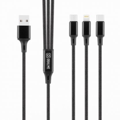 Универсален USB-A кабел с Lightning, microUSB и USB-C конектори (120 см) - OBALME AllConnect 3-in-1 USB-A Fast Charging Cable 12W (черен)