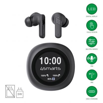 Безжични блутут слушалки със зареждащ кейс - 4smarts SkyBuds Screen Pro ANC TWS In-Ear Bluetooth Earphones (черен)