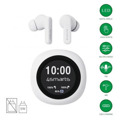 Безжични блутут слушалки със зареждащ кейс - 4smarts SkyBuds Screen Pro ANC TWS In-Ear Bluetooth Earphones (бял)