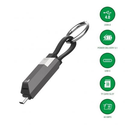 Компактен USB-C към USB-C кабел с четец за microSD карти памет за мобилни устройства - 4smarts Enterprise Storage USB4 USB-C to USB-C Cable 240W Card Reading Cable (черен) (6 см)