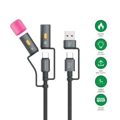 Кабел с бързо зареждане за устройства с USB-C порт, LED светлина и запалка и USB-C към USB-A адаптер - 4smarts 4-in-1 USB-C Cable Set Explorer 60W (100 см) (черен)