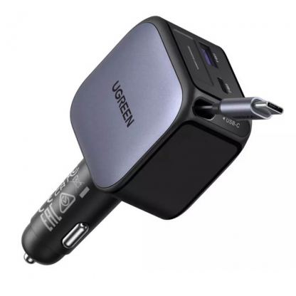 Зарядно за кола с вграден USB-C кабел и USB-A и USB-C изходи - Ugreen EC603 3 in 1 Fast Car Charger With USB-C Cable 90W (черен)