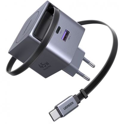 Захранване за ел. мрежа с вграден USB-C кабел и USB-A и USB-C изходи с технология за бързо зареждане - Ugreen X614 Nexode Pro Fast Wall Charger GaN 45W (тъмносив)