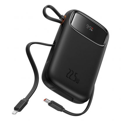 Външна батерия с вграден USB-C и Lightning кабел и USB-C, USB-А портове - Baseus Qpow2 Digital Display Power Bank With USB-C and Lightning cable 22.5W 20000 mAh (черен)