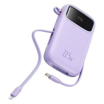 Външна батерия с вграден USB-C и Lightning кабел и USB-C, USB-А портове - Baseus Qpow2 Digital Display Power Bank With USB-C and Lightning cable 22.5W 20000 mAh (лилав)