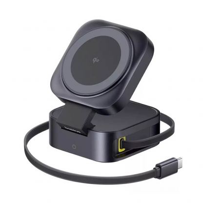 Настолна поставка за безжично зареждане за iPhone с MagSafe и вграден USB-C кабел - Baseus PicoGo 2-in-1 Qi2 Magnetic Wireless Charger 67W (черен)