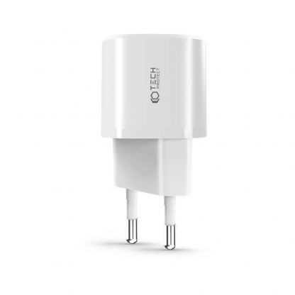 Захранване за ел. мрежа с USB-A и USB-C изходи и технология за бързо зареждане - Tech-Protect C20W Mini Fast Wall Charger 20W (бял)
