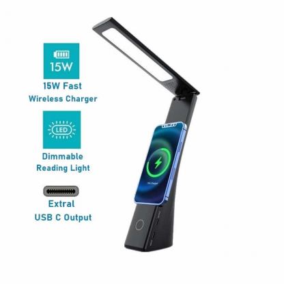 Настолна поставка с LED подсветка и безжично зареждане за Qi съвместими мобилни устройства - JC Wireless Charger Lamp Stand 15W (черен)
