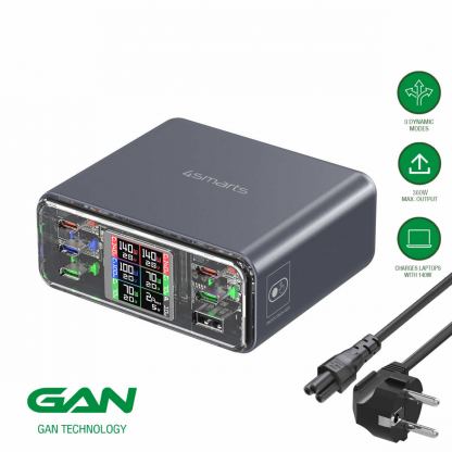 Захранване за ел. мрежа за лаптопи, смартфони и таблети с 1xUSB-A и 5xUSB-C изходи с технология за бързо зареждане - 4Smarts Desk Charger Lucid GaN DIY 360W