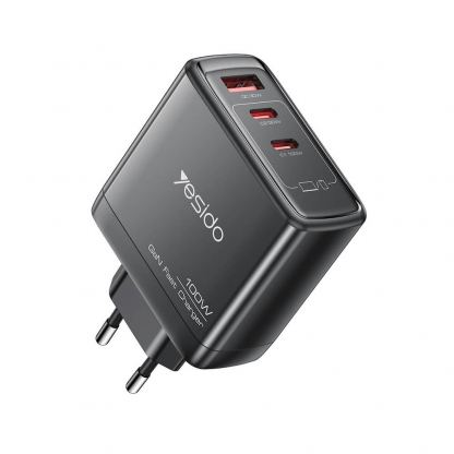 Захранване за ел. мрежа за лаптопи, смартфони и таблети с 2xUSB-C и 1xUSB-A изходи - Yesido YC142 GaN Fast Wall Charger 100W (черен)