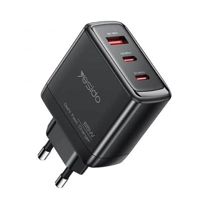 Захранване за ел. мрежа за лаптопи, смартфони и таблети с USB-A и 2xUSB-C изходи с технология за бързо зареждане - Yesido YC144C GaN Fast Wall Charger 65W (черен)