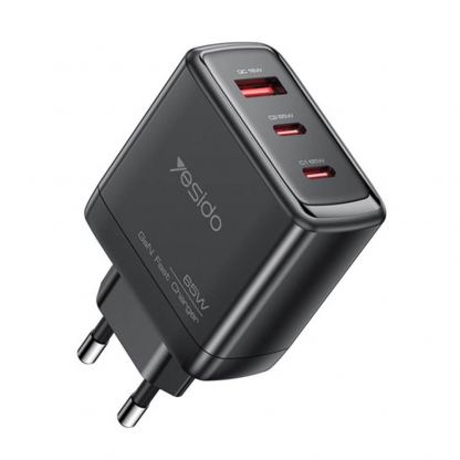 Захранване за ел. мрежа за лаптопи, смартфони и таблети с USB-A и 2xUSB-C изходи с технология за бързо зареждане - Yesido YC144 GaN Fast Wall Charger 65W (черен)