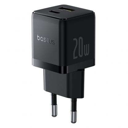  Захранване за ел. мрежа с USB-A и USB-C изходи и технология за бързо зареждане - Baseus Palm Dual Fast Wall Charger 20W (P10111608113-00) (черен)