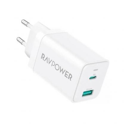 Захранване за ел. мрежа с USB-A и USB-C изходи и технология за бързо зареждане - RavPower RP-PC171 GaN Fast Wall Charger 45W (бял)