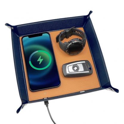 Настолен органайзер с поставка (пад) за безжично зареждане за Qi съвместими устройства - 4smarts Pocket Tray Organizer, 15W (син-оранжев)