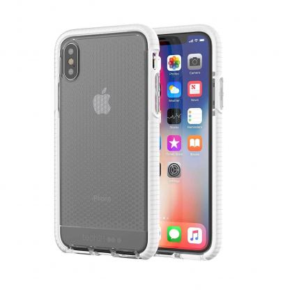 Tech21 Evo Check Case - хибриден кейс с висока защита за iPhone XS, iPhone X (бял-прозрачен)