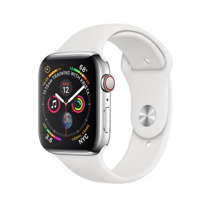 Apple Watch Series 4, 40mm Stainless Steel Case with White Sport Band, GPS + Cellular - умен часовник от Apple