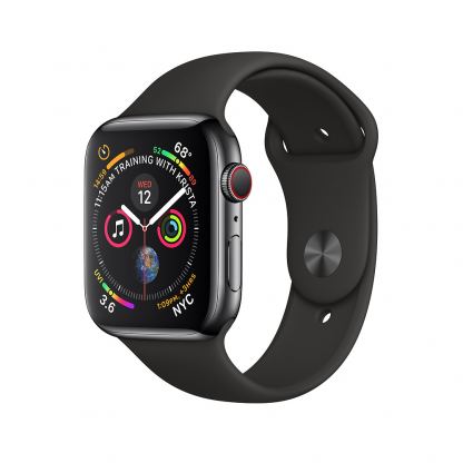 Apple Watch Series 4, 44mm Space Black Stainless Steel Case with Black Sport Band, GPS + Cellular - умен часовник от Apple