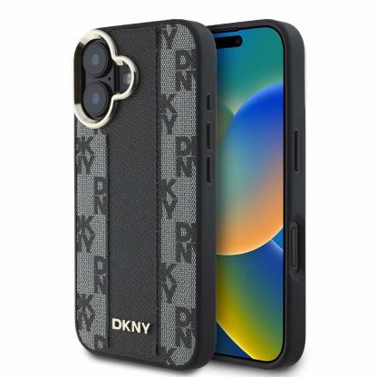 Дизайнерски кожен кейс с MagSafe за iPhone 16 - DKNY PU Checkered Pattern MagSafe Leather Hard Case (черен)
