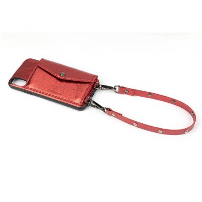 LAVAVIK Cross-Body Phone Purse with Card Compartment - кожен калъф с джоб и лента за врата за iPhone XS (червен)