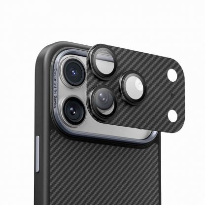 Предпазни стъклени лещи с цяла кевларна плочка за камерата на iPhone 17 Pro - Benks ArmorWarrior Aramid Lens Protector Tempered Glass 600D (карбон)