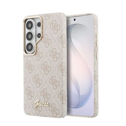 Дизайнерски кожен кейс с MagSafe за Samsung Galaxy S26 Ultra - Guess PU 4G Script Metal Logo Magnetic Case (розов)