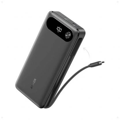 Външна батерия с вграден USB-C кабел, USB-C и USB-A портове и технология за бързо зареждане - Anker Power Bank With USB-C Cable 87W 20000 mAh (черен)