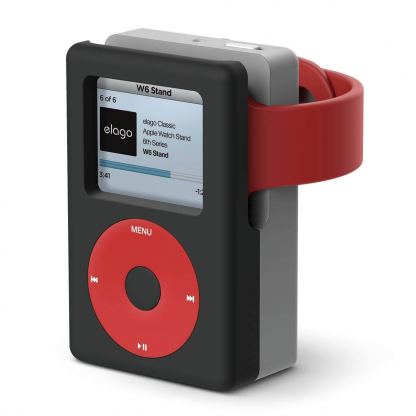 Elago W6 Watch Stand - силиконова винтидж поставка в стила на Apple iPod Classic за Apple Watch (черна)