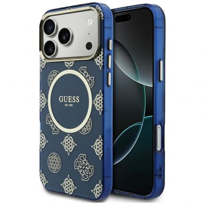 Дизайнерски кейс с висока защита и MagSafe за iPhone 17 Pro Max - Guess PU IML 4G Peony Dot MagSafe Hard Case (син)