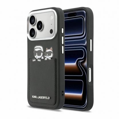Дизайнерски кожен кейс с отделение за карти за iPhone 17 Pro - Karl Lagerfeld PU Karl and Choupette Print And Card Slot Case (черен)