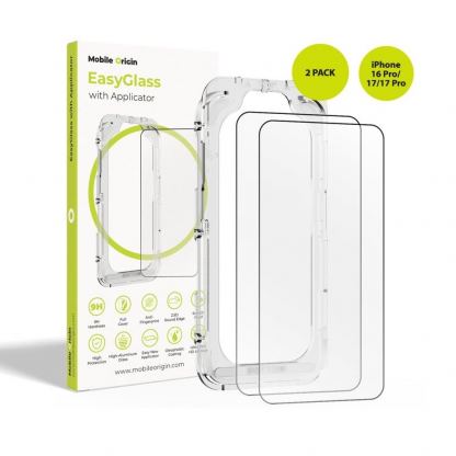 2 броя калени стъклени защитни покрития за дисплея на iPhone 16 Pro, iPhone 17, iPhone 17 Pro - Mobile Origin EasyGlass Full Cover Tempered Glass Pack With Applicator (черен-прозрачен)