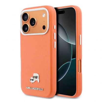 Дизайнерски кожен кейс с MagSafe за iPhone 17 Pro - Karl Lagerfeld PU Saffiano Karl and Choupette Heads Pins MagSafe Case (оранжев)