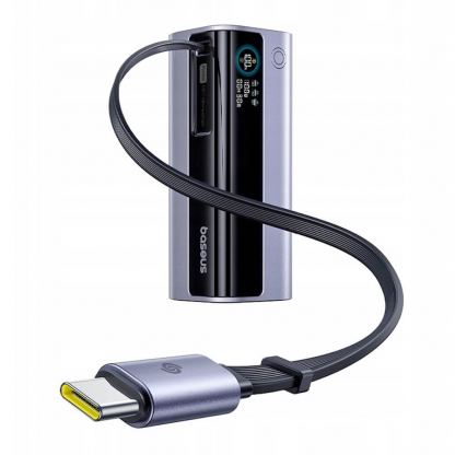 Външна батерия с вграден USB-C кабел, USB-C и USB-A портове и технология за бързо зареждане - Baseus EnerGeek GR11 Power Bank With Retractable USB-C Cable 10000mAh 100W (тъмносив)