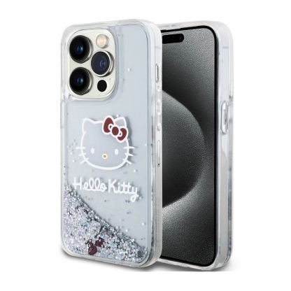 Дизайнерски кейс с висока защита за iPhone 15 Pro - Hello Kitty Liquid Glitter Electroplating Head Logo Case (прозрачен-сребрист)