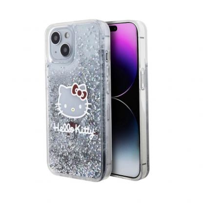Дизайнерски кейс с висока защита за iPhone 15 - Hello Kitty Liquid Glitter Electroplating Head Logo Case (прозрачен-сребрист)