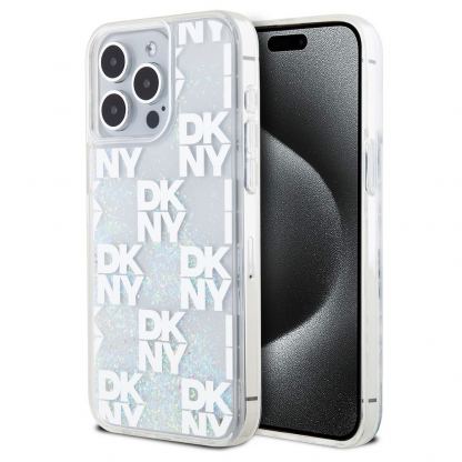 Дизайнерски кейс с висока защита за iPhone 15 Pro Max - DKNY Liquid Glitter Checkered Pattern Case (прозрачен)