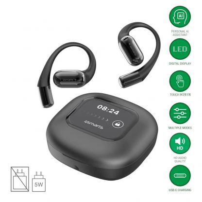 Спортни безжични блутут слушалки със зареждащ кейс - 4smarts SkyBuds AI Screen Open-Air Conduction TWS Bluetooth Earphones (черен)