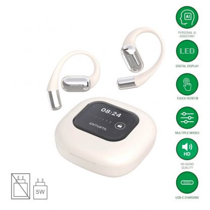 Спортни безжични блутут слушалки със зареждащ кейс - 4smarts SkyBuds AI Screen Open-Air Conduction TWS Bluetooth Earphones (бежов)